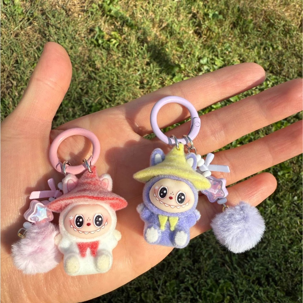 8 PCs Fuzzy Labubu with Hat Keychain-Cute Bunny Monster Key Ring-Party Gift